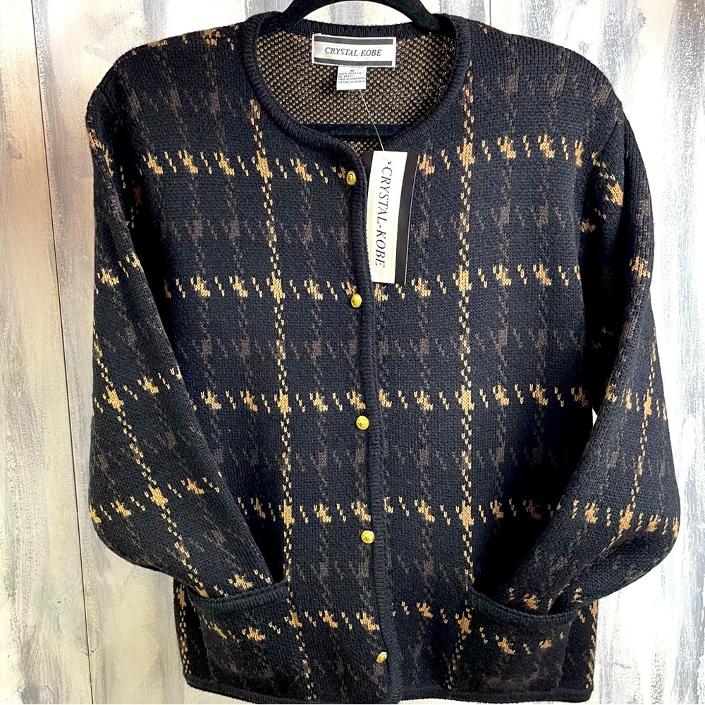 Vintage Crystal-Kobe Houndstooth Blazer Gold Button Up Sweater Size Medium